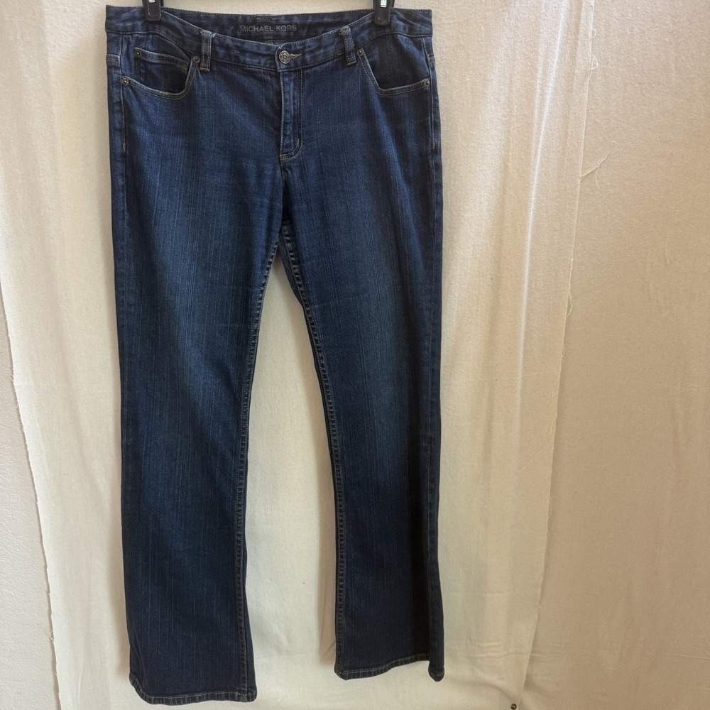 Michael Kors Womens Bootcut Stretch Jeans Dark Wash Embroidered Pockets Size 12
